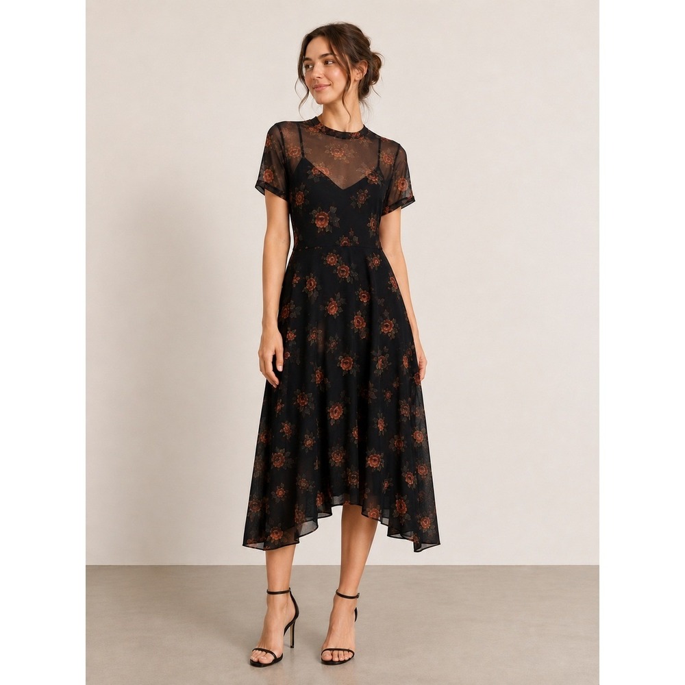 Black Floral Mesh Handkerchief Hem Midi Dress Short Sleeve Mock Neck S Fairycore